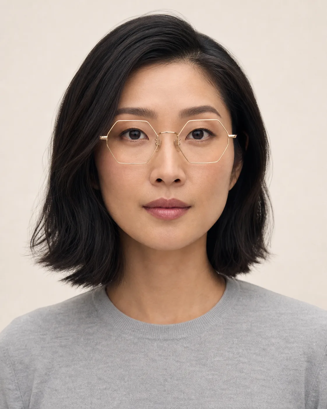 Model wearing geometric glasses, front view