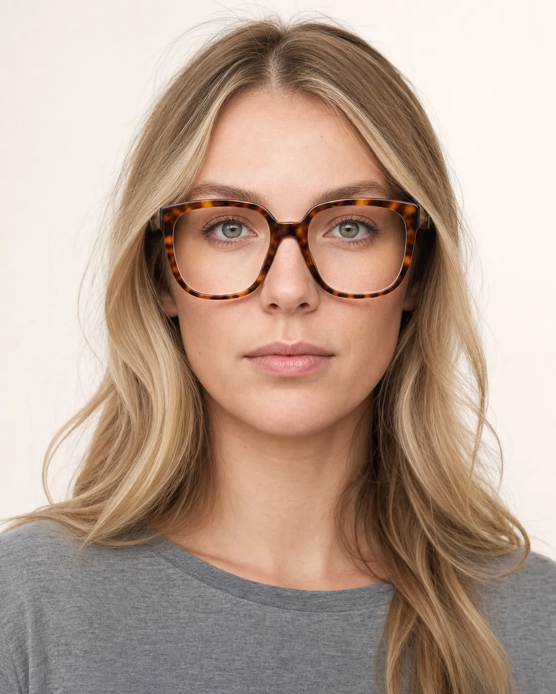 Model wearing oversized glasses, front view