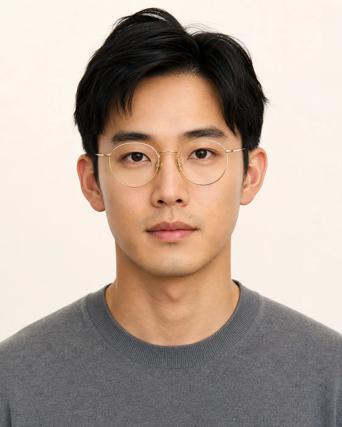 Model wearing round glasses, front view