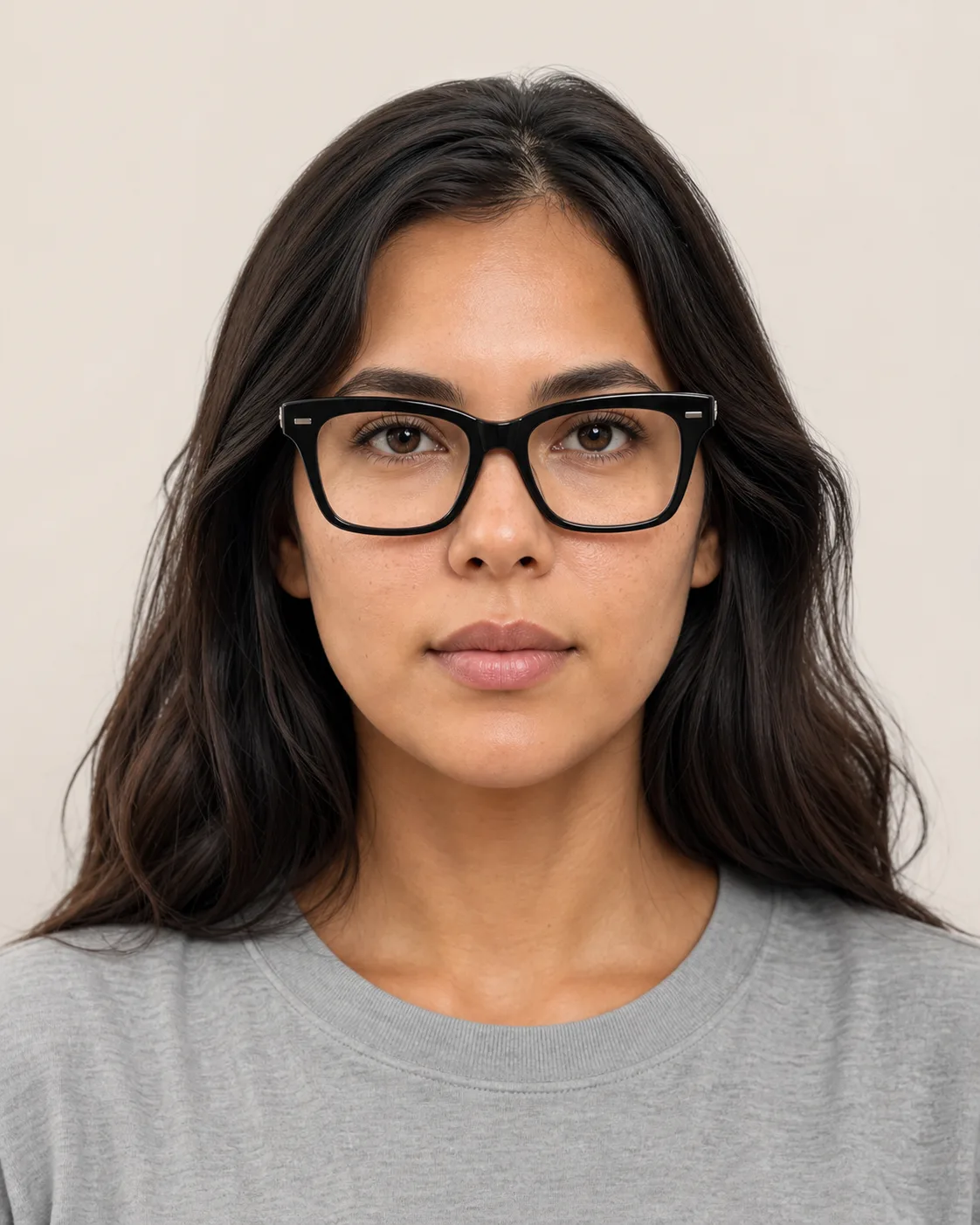 Model wearing wayfarer glasses, front view