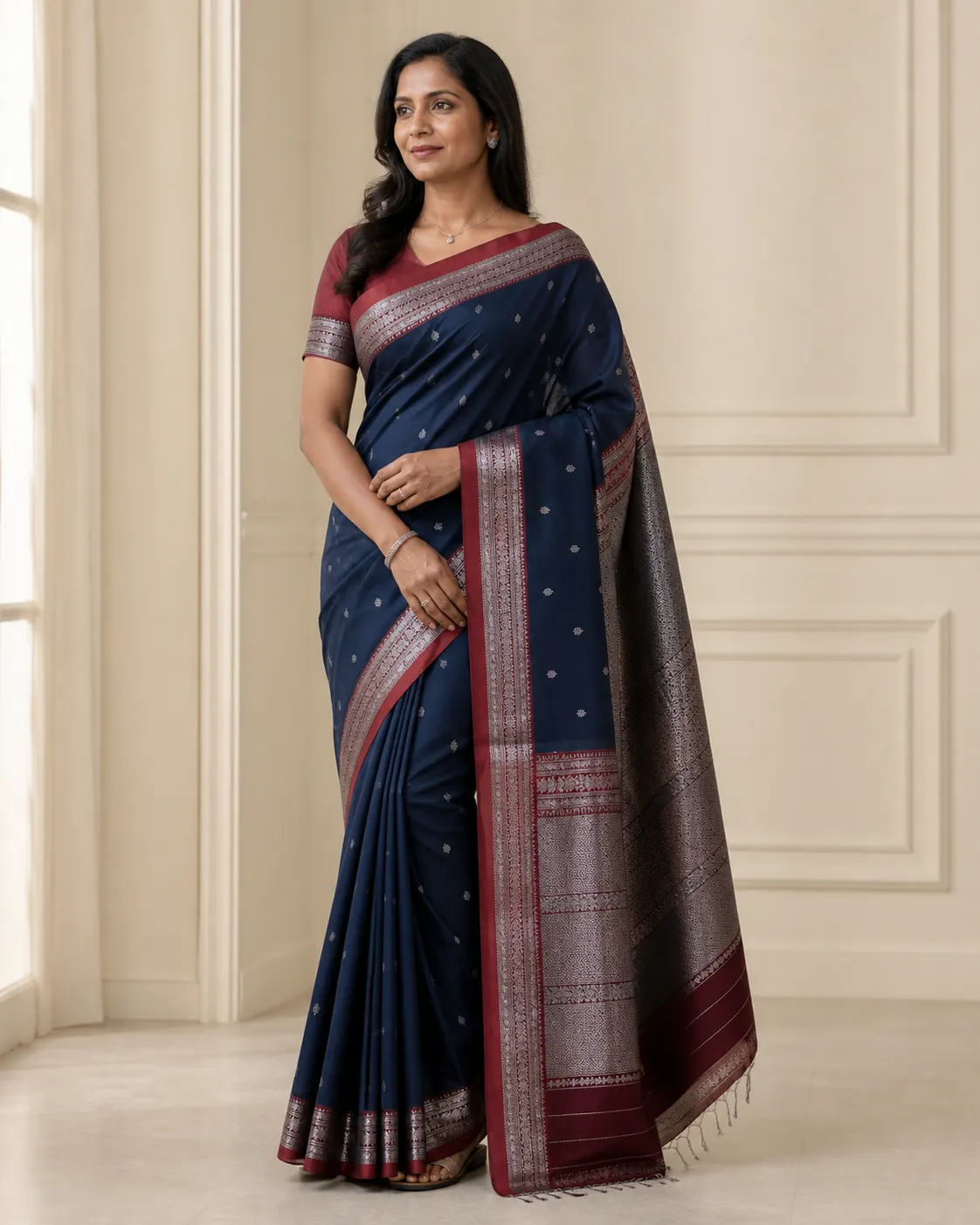 Editorial saree reference for the deep winter palette